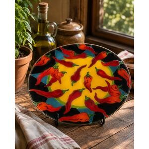 Peggy Karr Fused Glass Plate Red Chili Peppers 14 Inch Signed Art Glass Decor